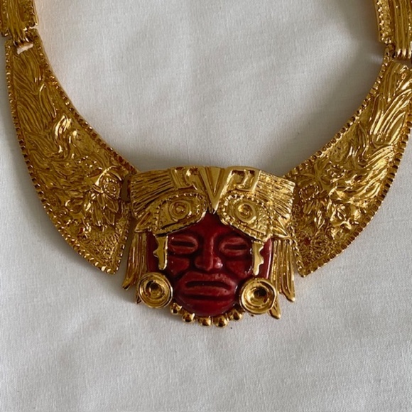 Signed Salvador Marbel Mexico 22K Gold Plated Mayan Carved Ceramic Face Set - Picture 2 of 7